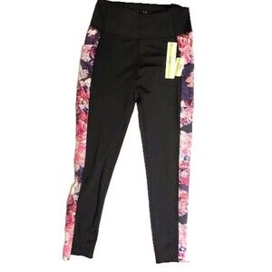 NEW Nicole Miller NM  Sport Black Pink Roses Berry Leggings L Tags Media Pocket